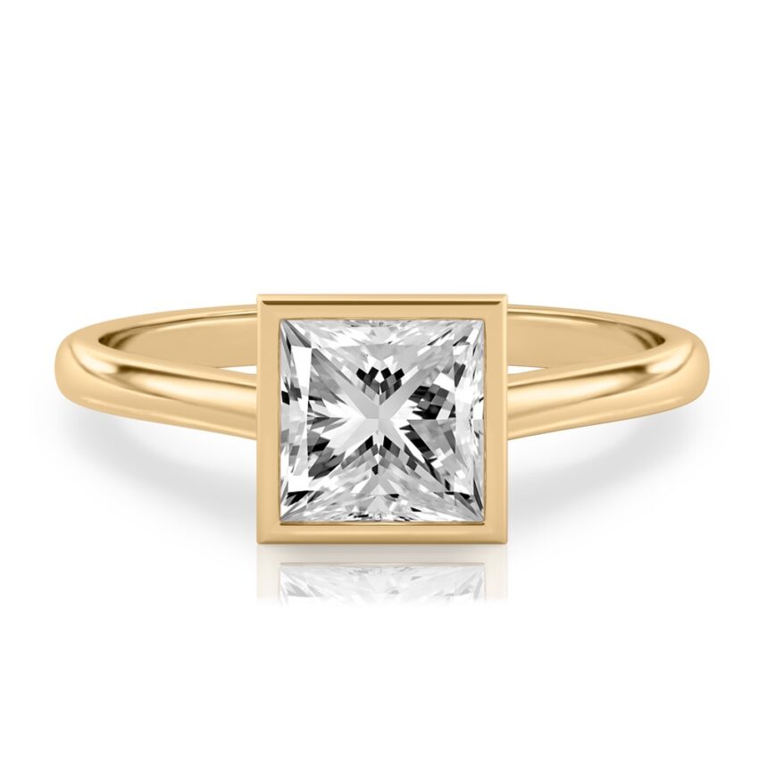 princess cut diamond bezel engagement ring in yellow gold