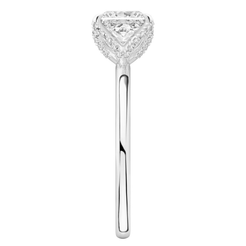 Side view of princess cut diamond pave petal prong engagement ring in platinum