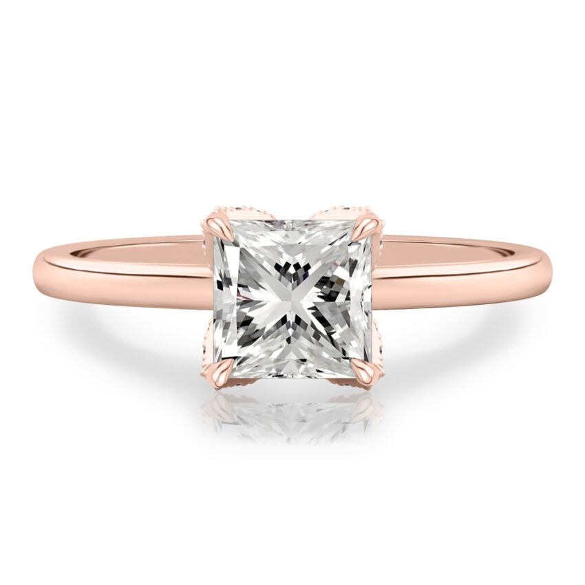 princess cut diamond pave petal prong engagement ring in rose gold