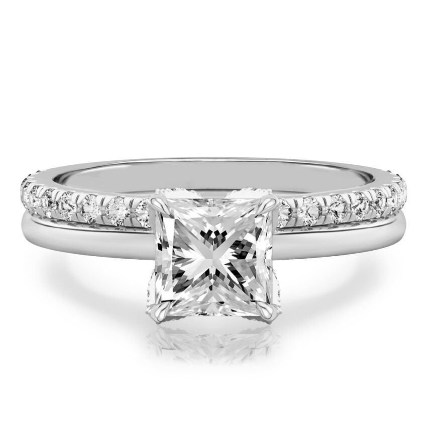 princess cut diamond pave petal prong engagement ring set platinum