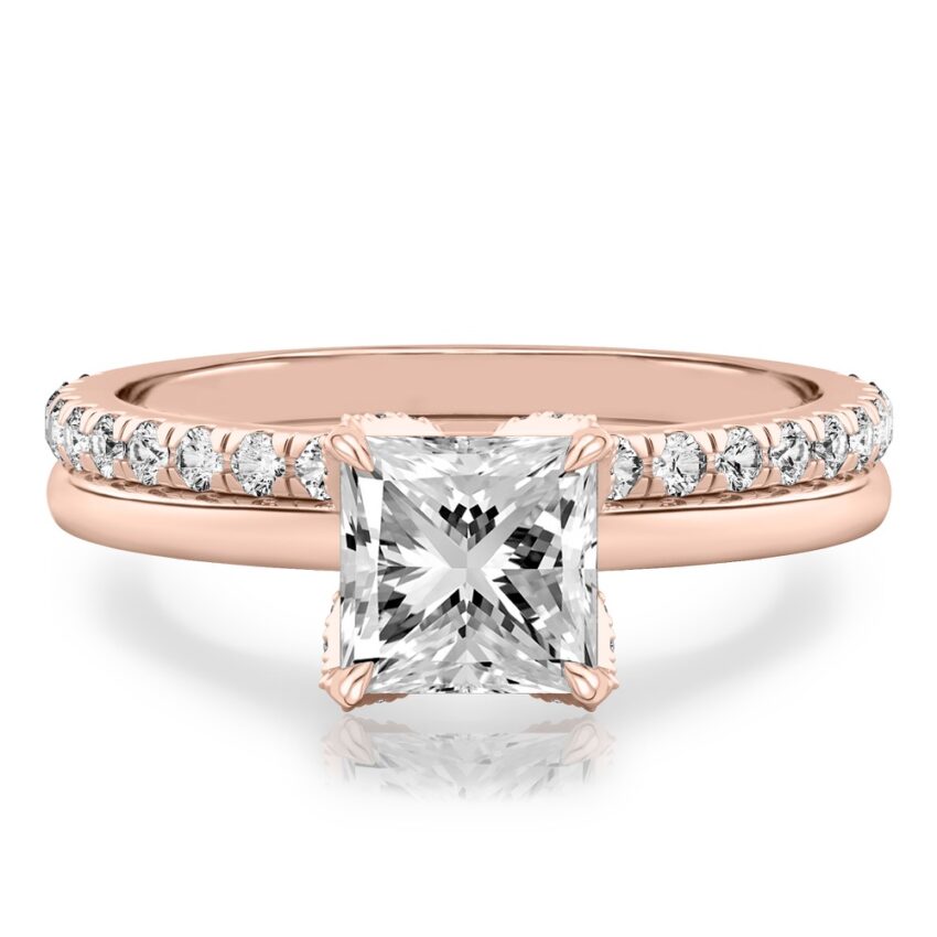 princess cut diamond pave petal prong engagement ring set rose gold