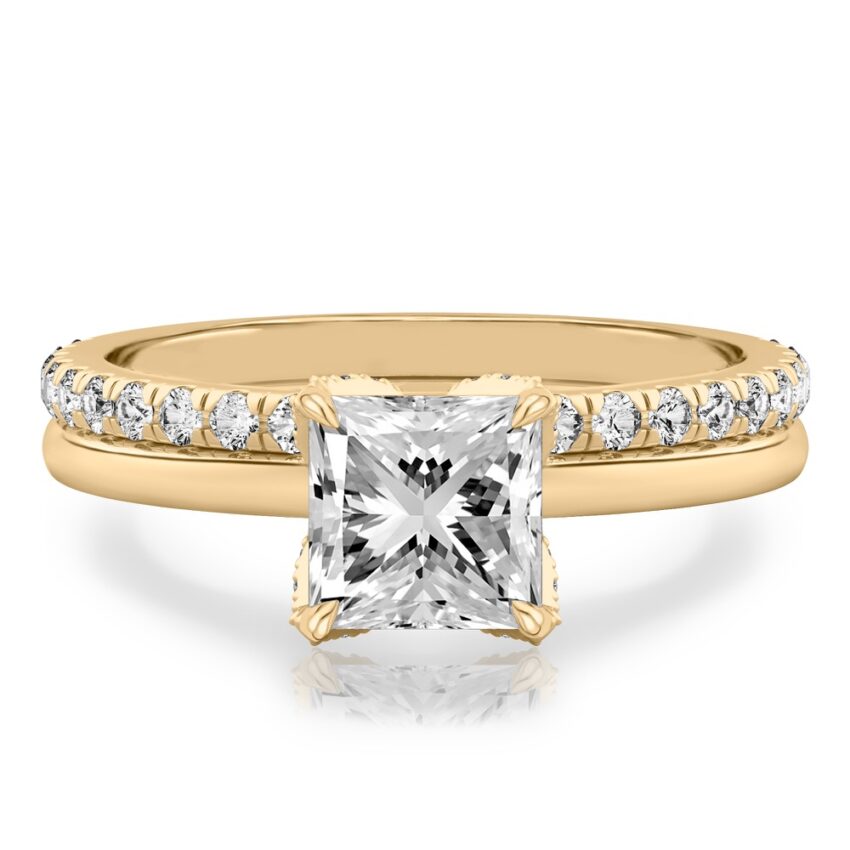 princess cut diamond pave petal prong engagement ring set yellow gold