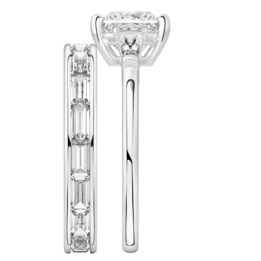 Side view of princess cut diamond tapered baguette engagement ring set palladium