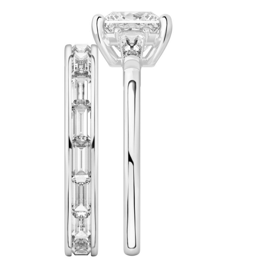 Side view of princess cut diamond tapered baguette engagement ring set platinum