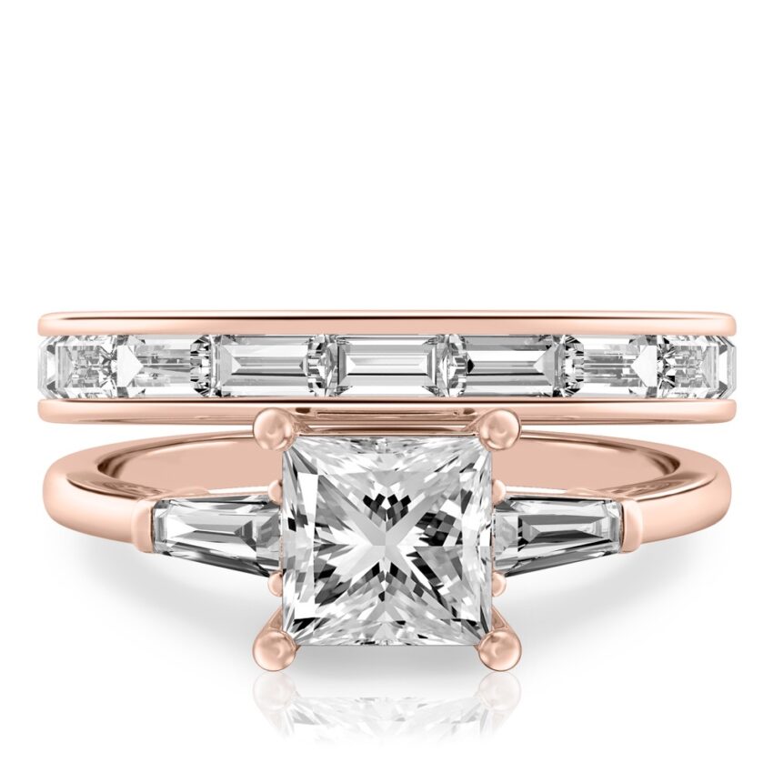 princess cut diamond tapered baguette engagement ring set rose gold