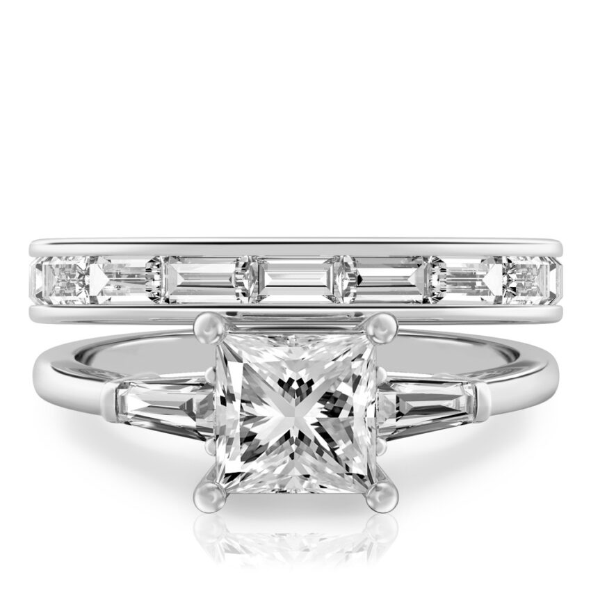 princess cut diamond tapered baguette engagement ring set white gold