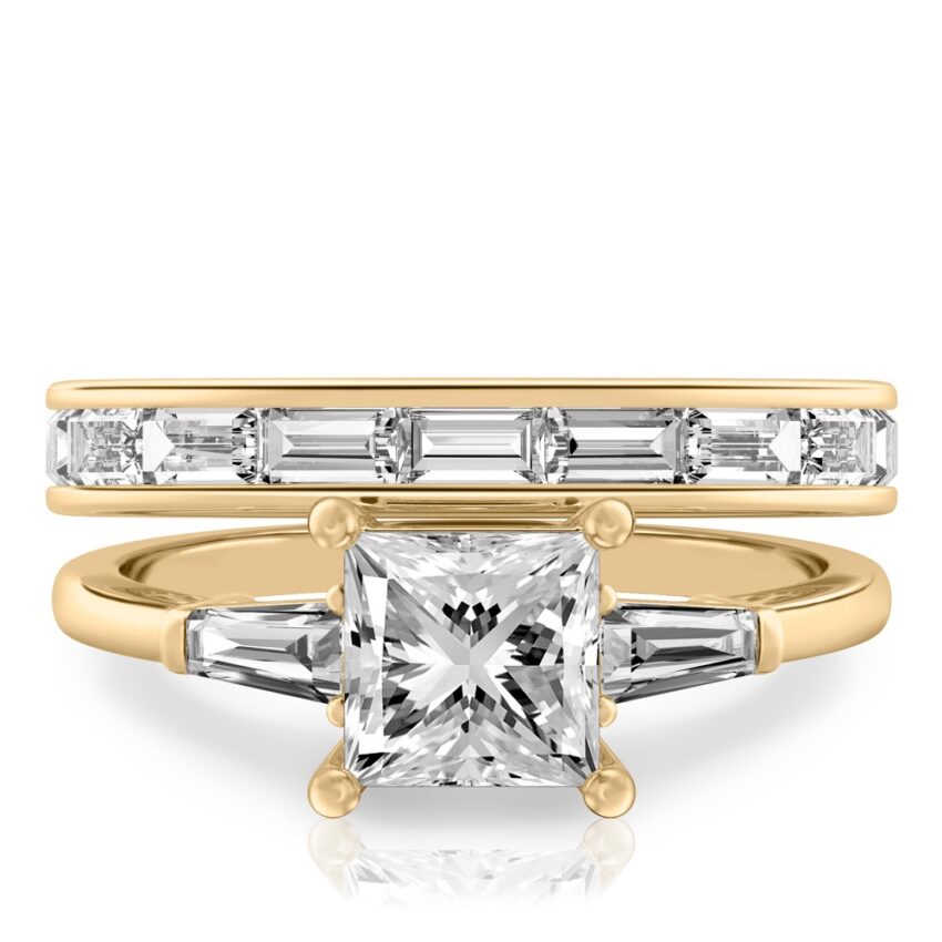princess cut diamond tapered baguette engagement ring set yellow gold