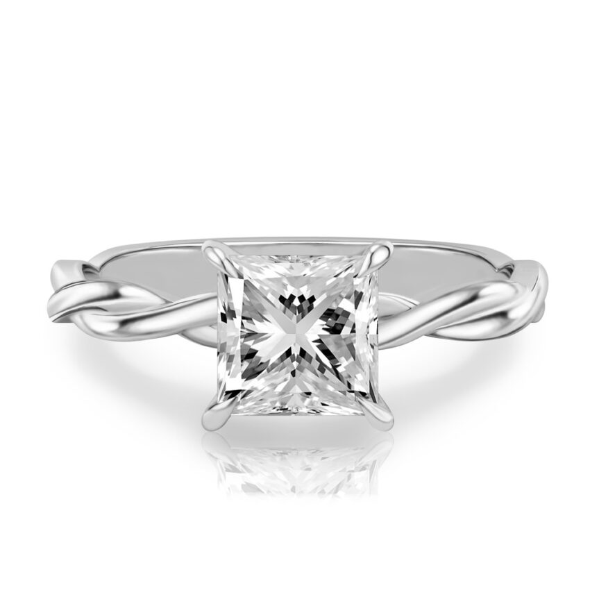 princess cut diamond twisted hidden halo engagement ring in platinum