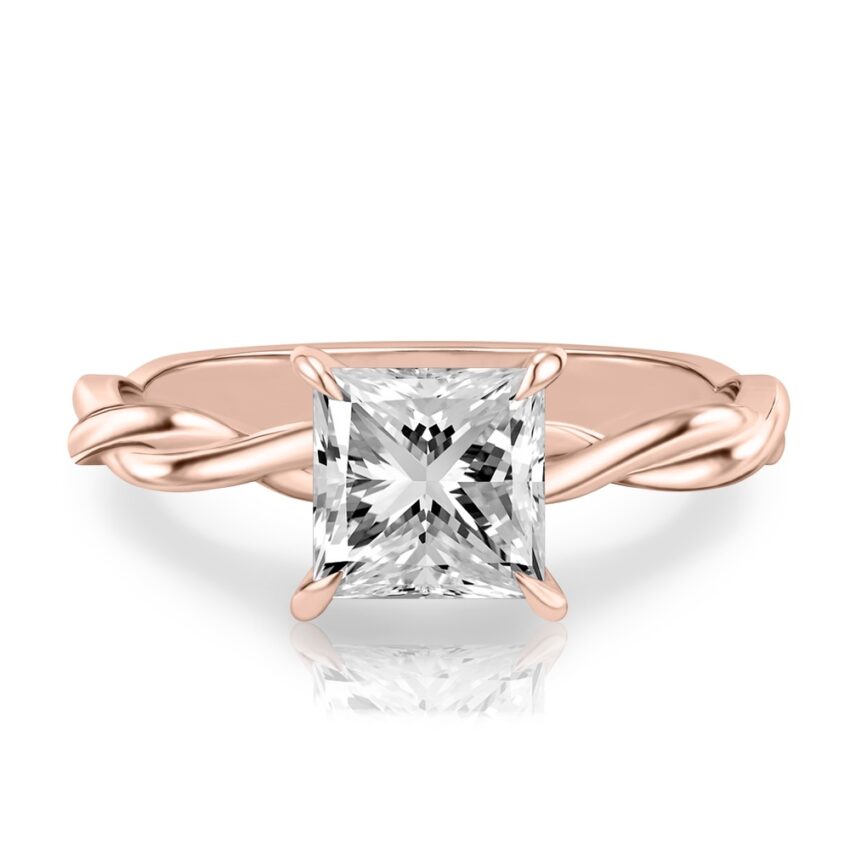 princess cut diamond twisted hidden halo engagement ring in rose gold