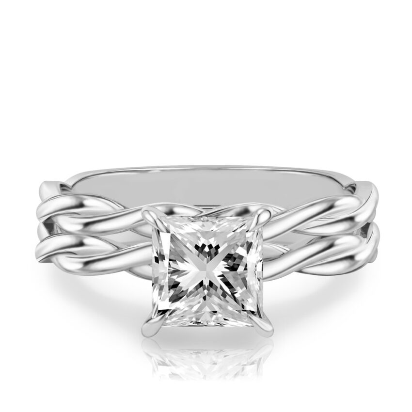 princess cut diamond twisted hidden halo engagement ring set palladium