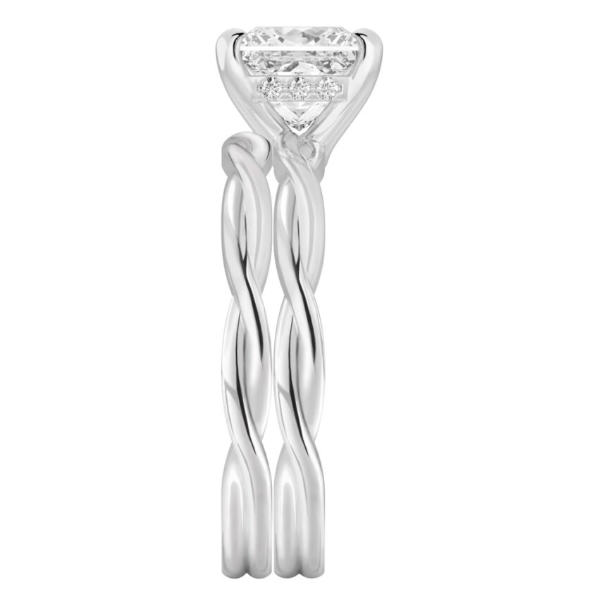 Side view of princess cut diamond twisted hidden halo engagement ring set platinum