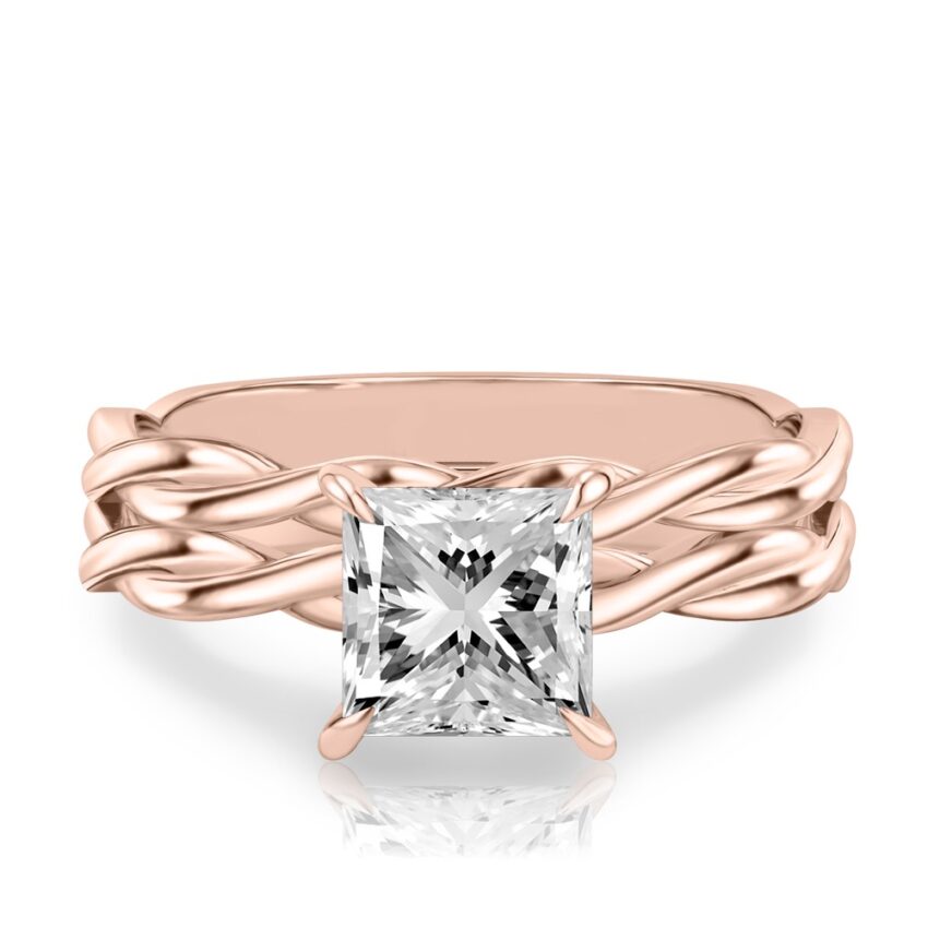 princess cut diamond twisted hidden halo engagement ring set rose gold