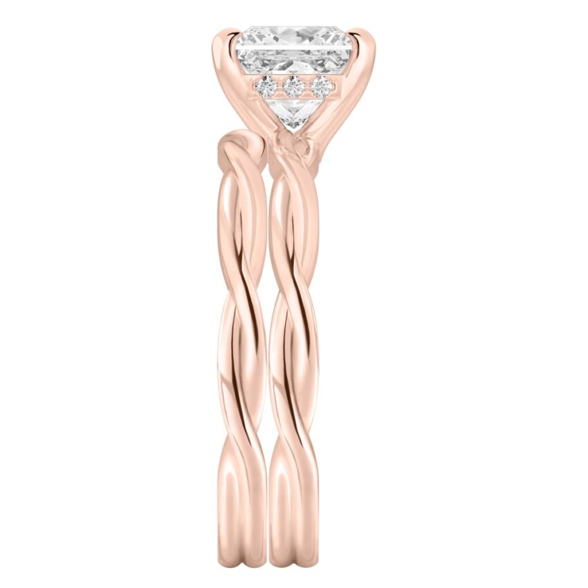 Side view of princess cut diamond twisted hidden halo engagement ring set rose gold