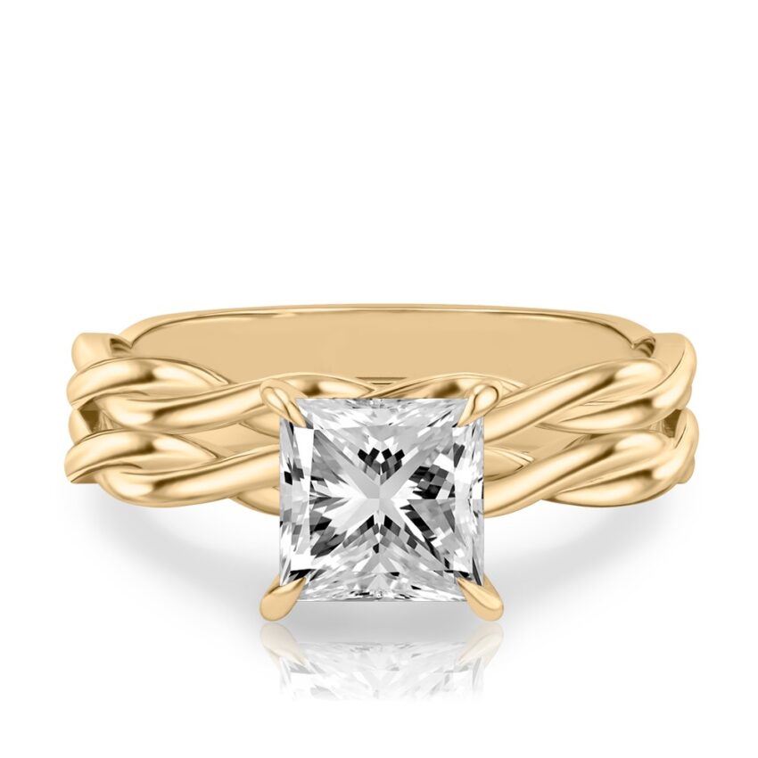 princess cut diamond twisted hidden halo engagement ring set yellow gold