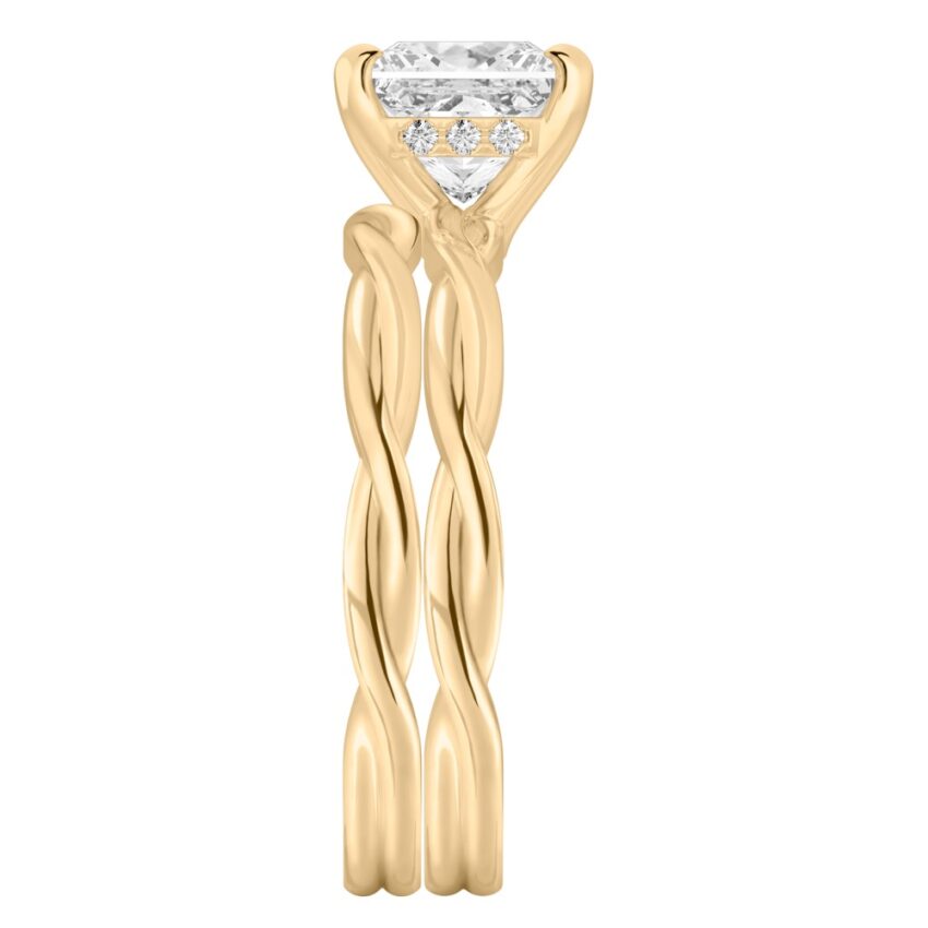 Side view of princess cut diamond twisted hidden halo engagement ring set yellow gold