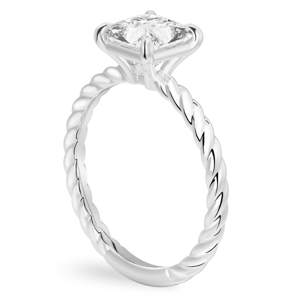 Angle view of princess cut diamond twisted rope engagement ring in palladium