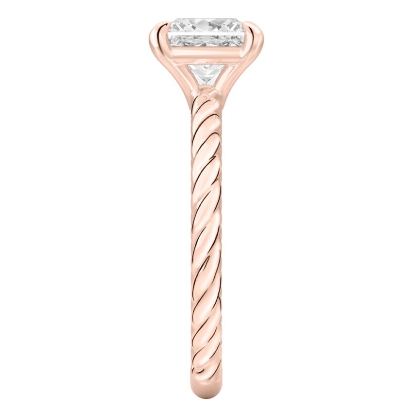 Side view of princess cut diamond twisted rope engagement ring in rose gold