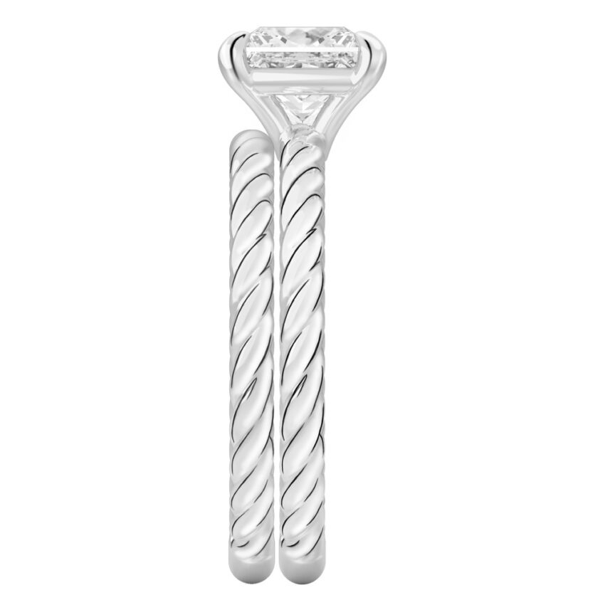 Side view of princess cut diamond twisted rope engagement ring set white gold