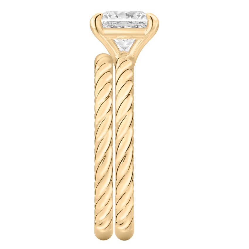 Side view of princess cut diamond twisted rope engagement ring set yellow gold