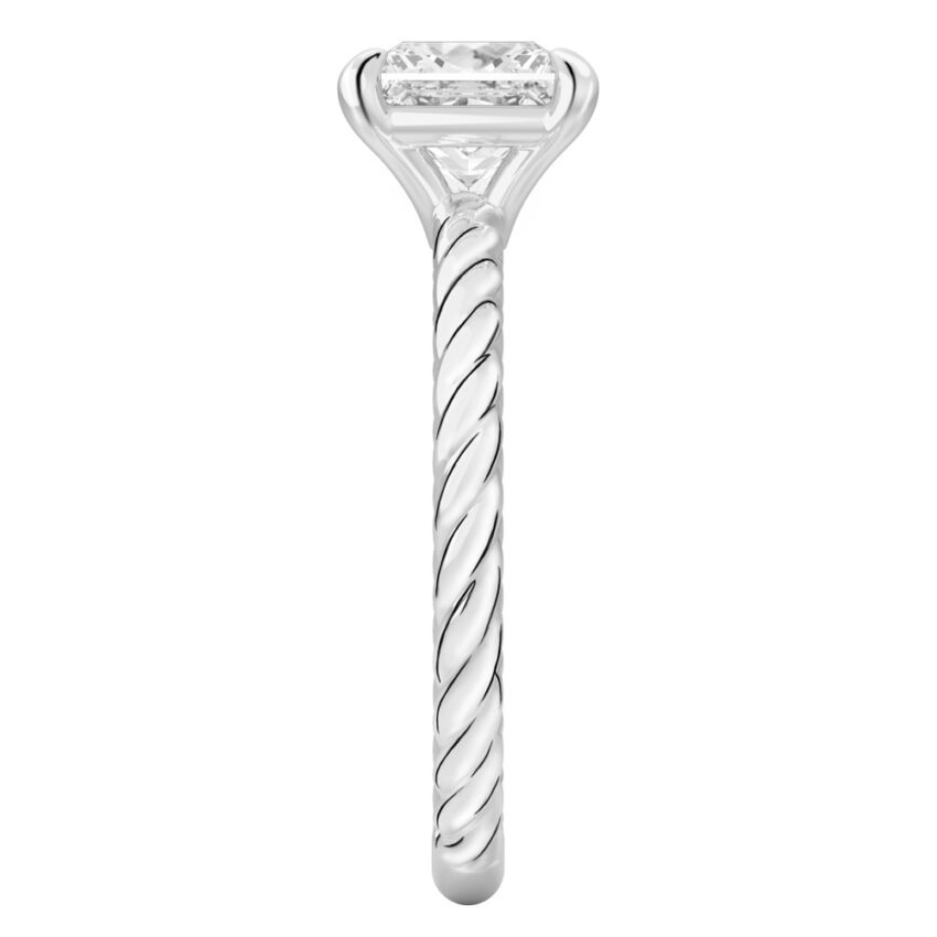 Side view of princess cut diamond twisted rope engagement ring in white gold