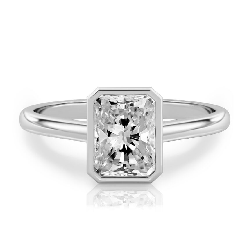 radiant cut diamond bezel engagement ring in platinum