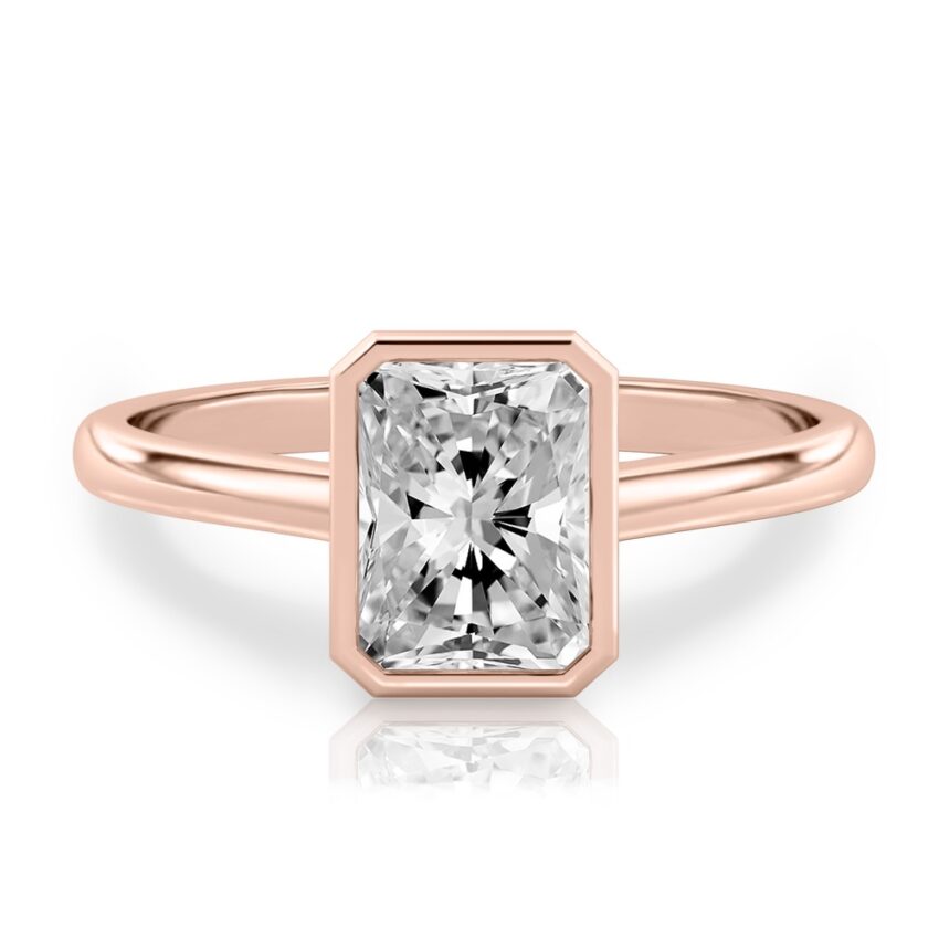 radiant cut diamond bezel engagement ring in rose gold