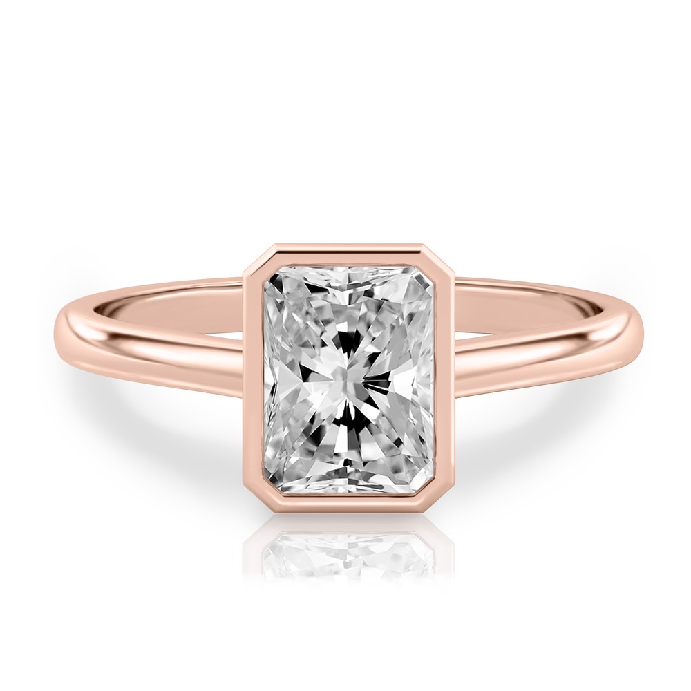 radiant cut diamond bezel engagement ring in rose gold
