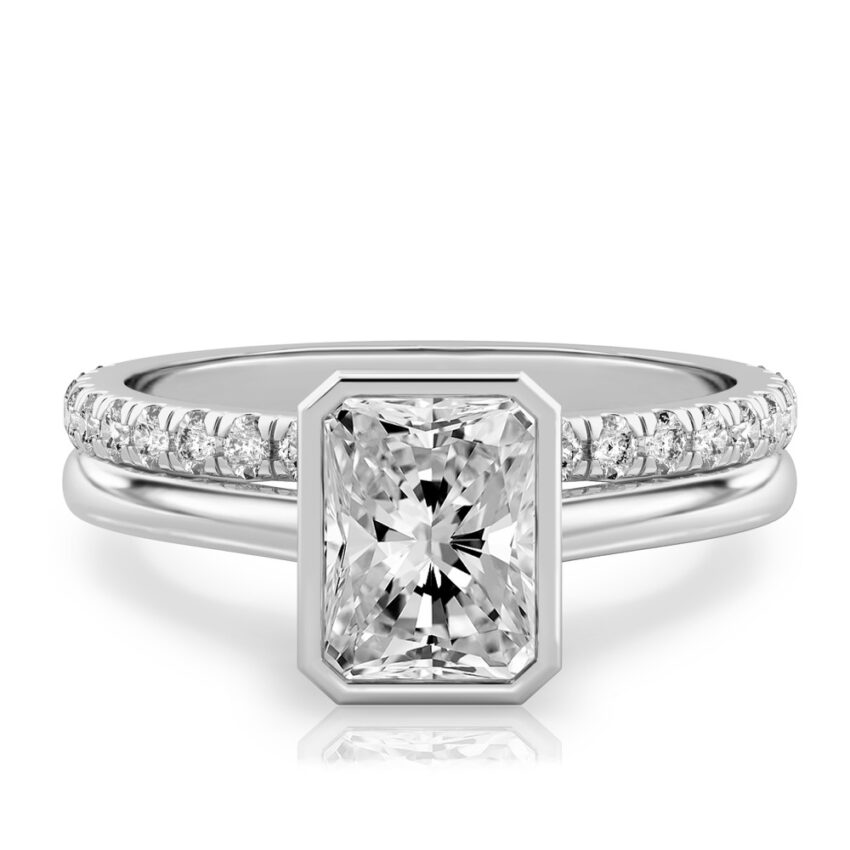 radiant cut diamond bezel engagement ring set platinum