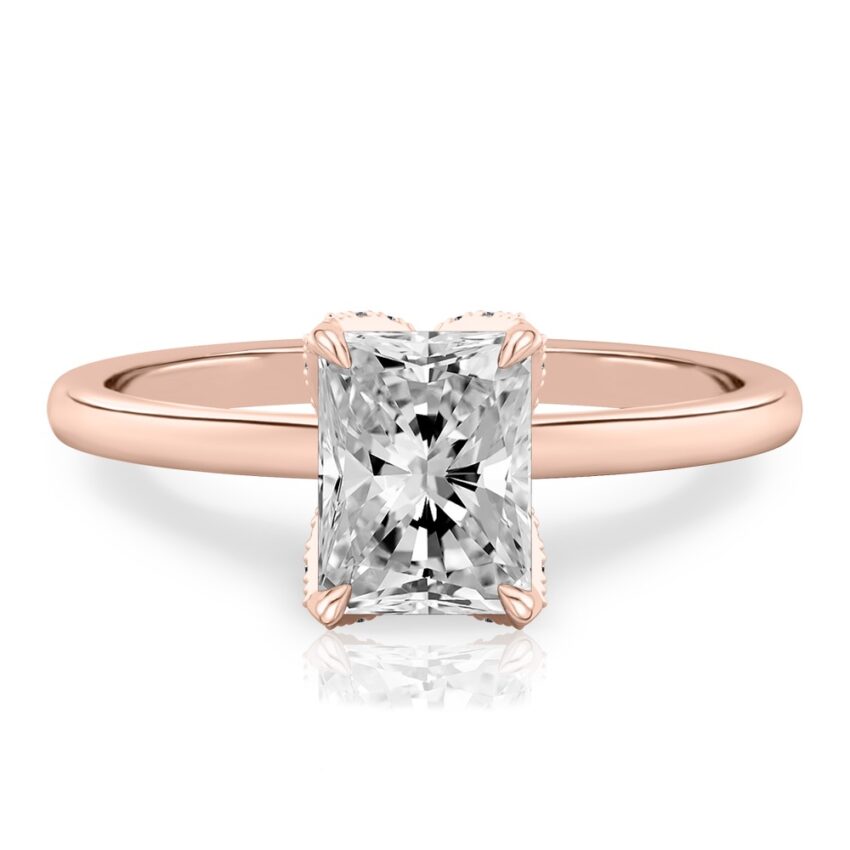 radiant cut diamond pave petal prong engagement ring in rose gold