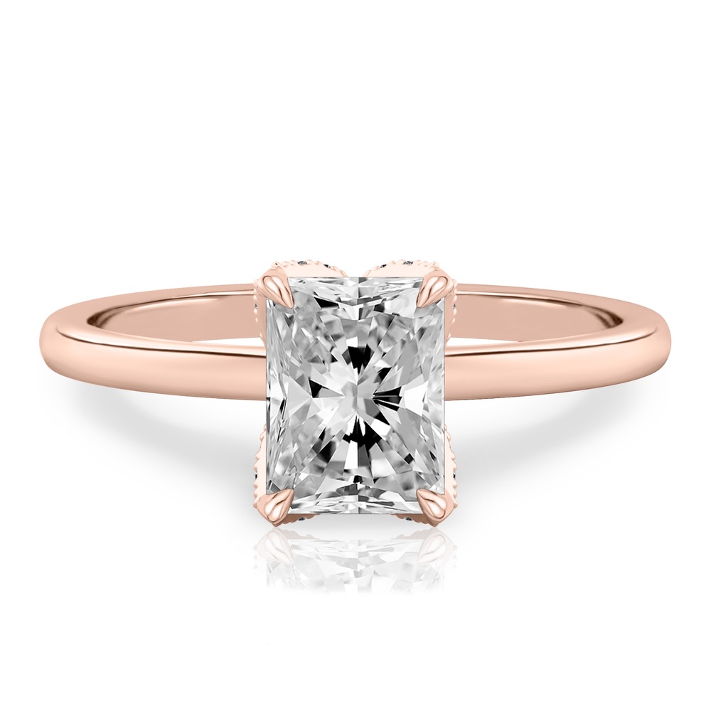 radiant cut diamond pave petal prong engagement ring in rose gold