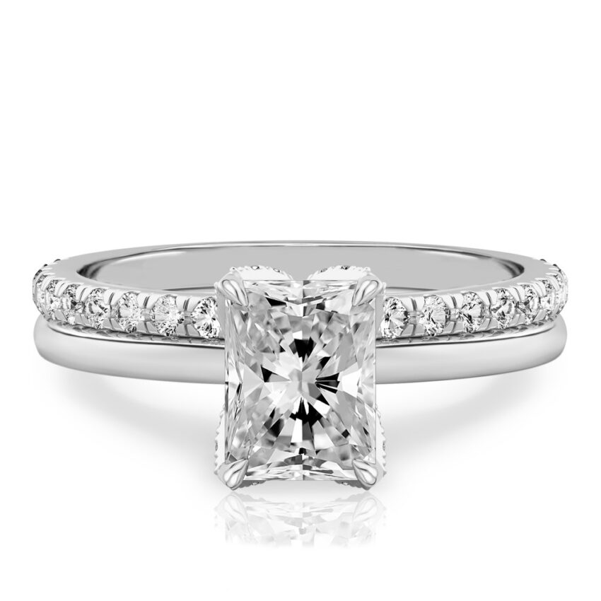 radiant cut diamond pave petal prong engagement ring set platinum