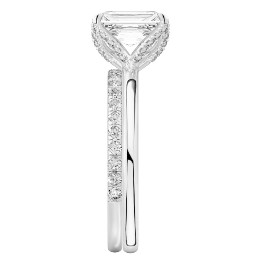 Side view of radiant cut diamond pave petal prong engagement ring set platinum