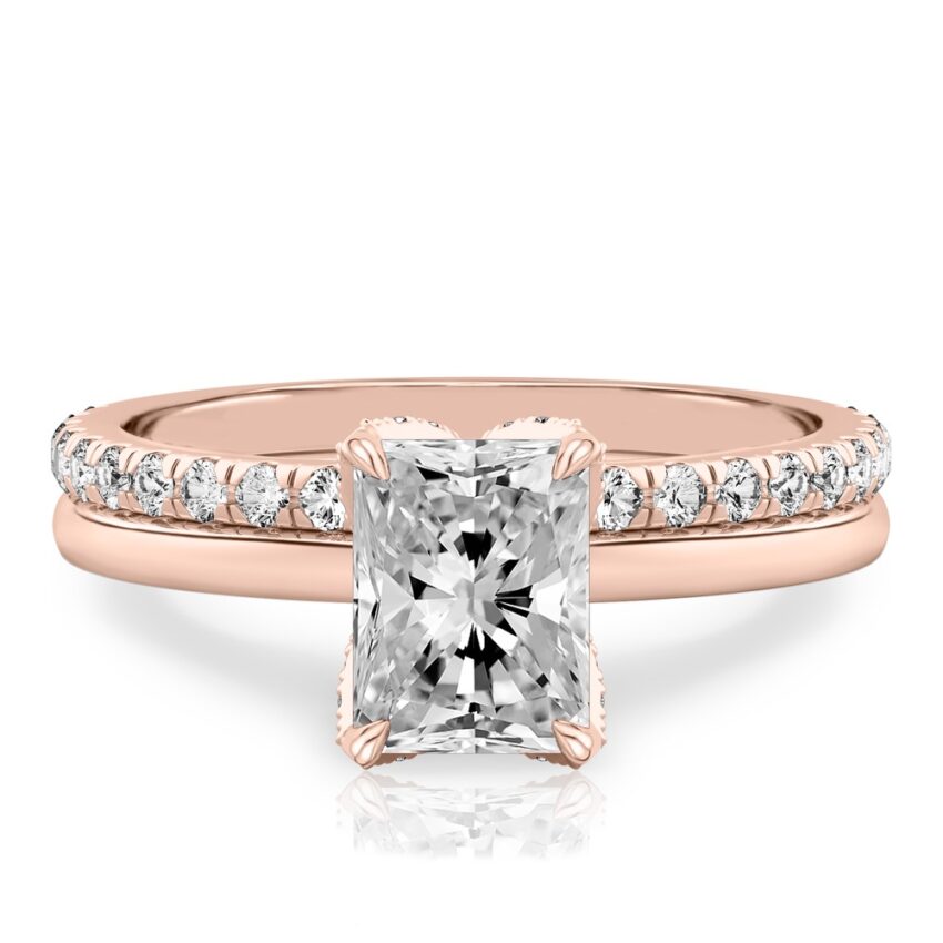 radiant cut diamond pave petal prong engagement ring set rose gold