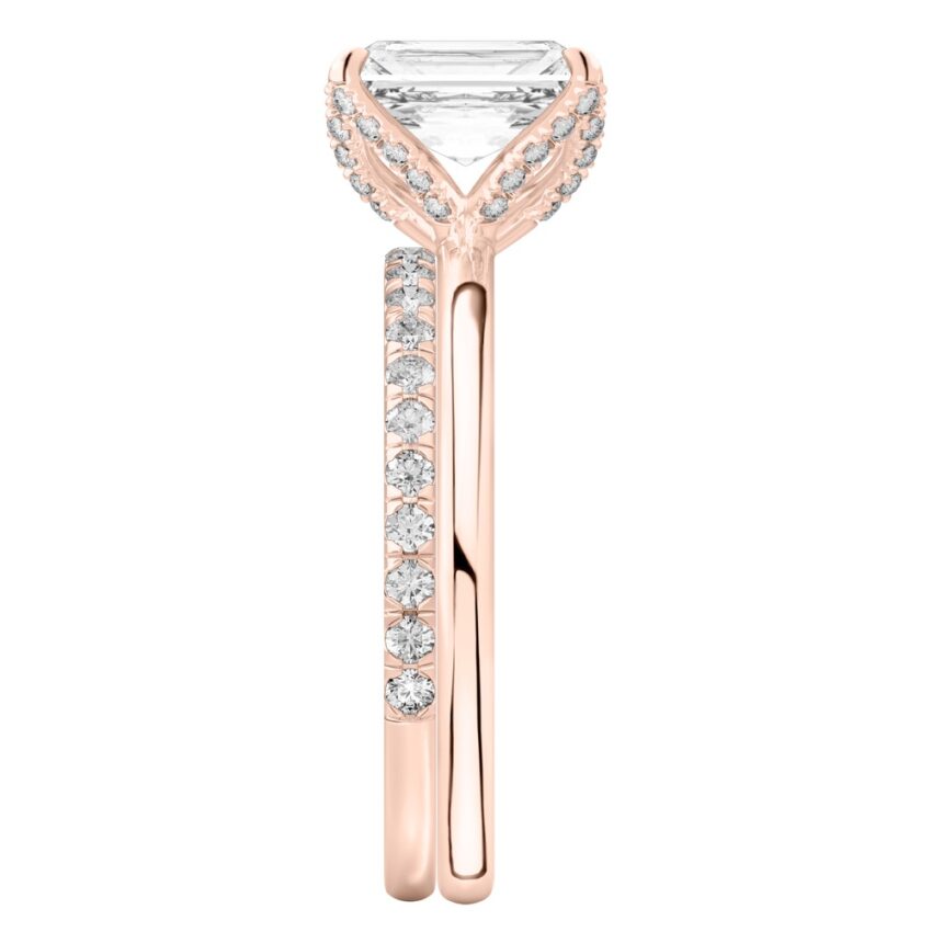 Side view of radiant cut diamond pave petal prong engagement ring set rose gold