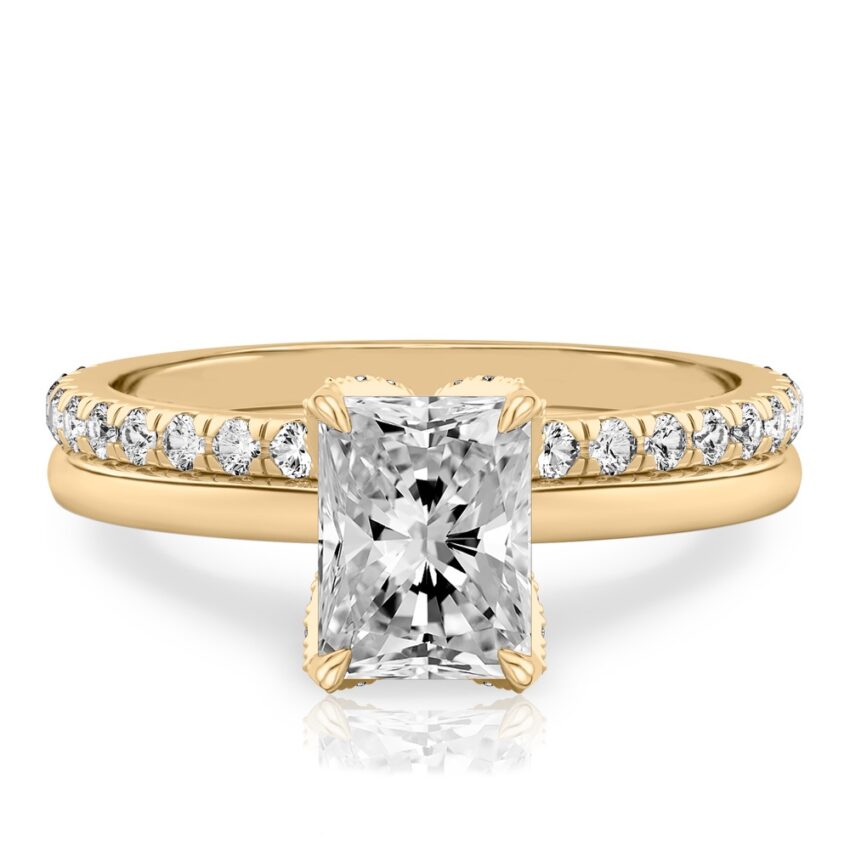 radiant cut diamond pave petal prong engagement ring set yellow gold