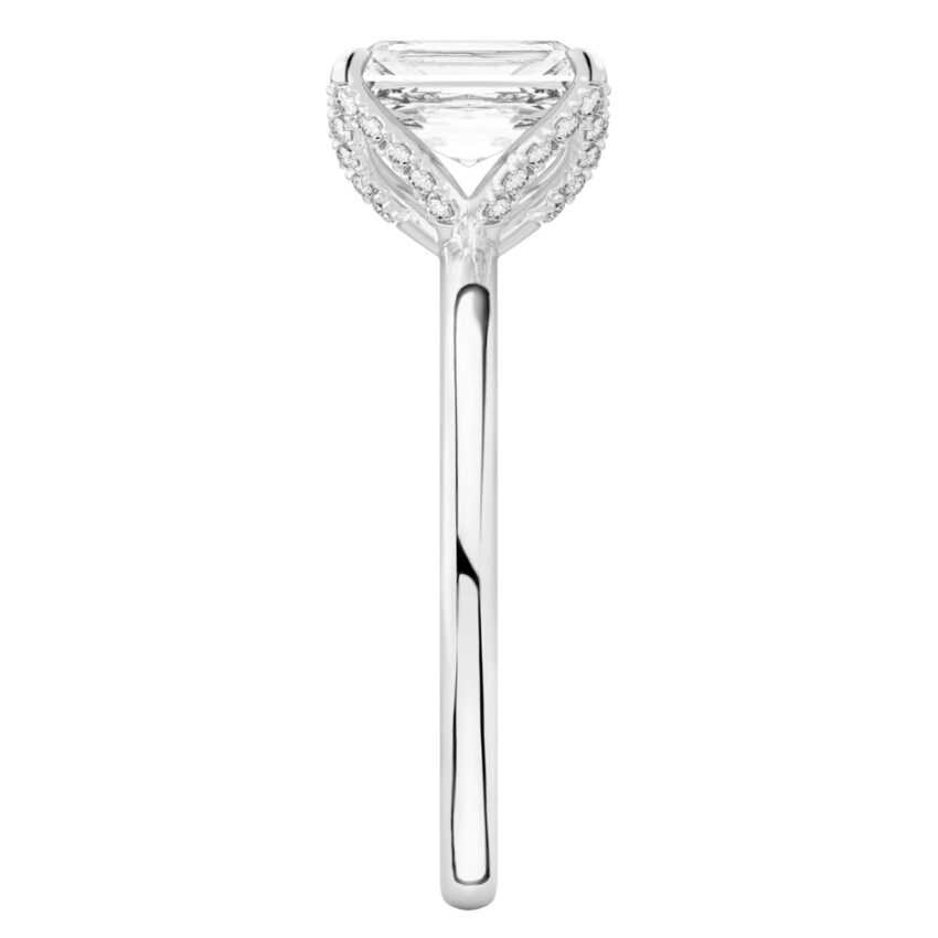Side view of radiant cut diamond pave petal prong engagement ring in white gold