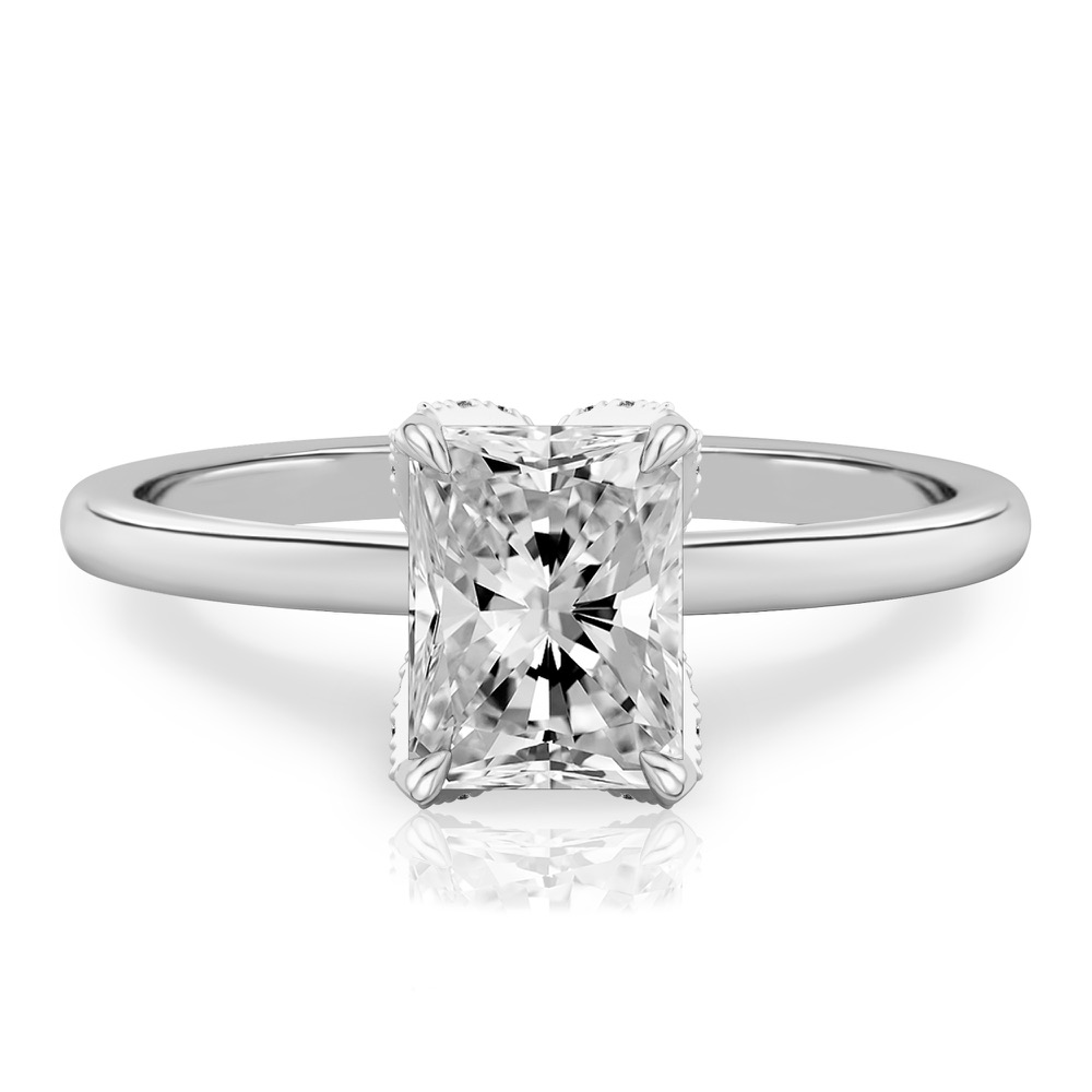 radiant cut diamond pave petal prong engagement ring in white gold