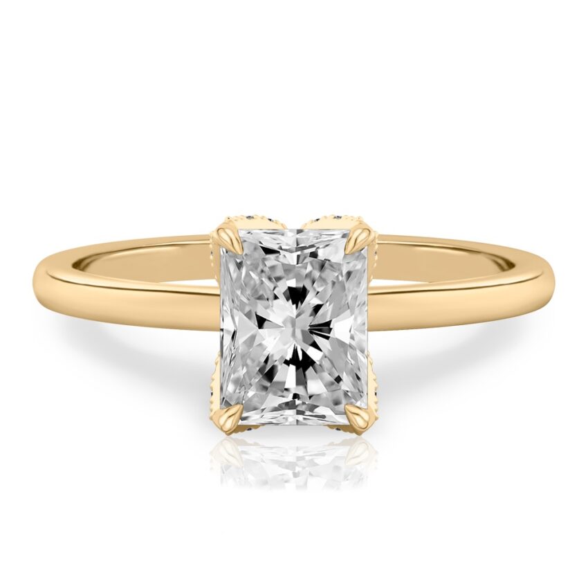 radiant cut diamond pave petal prong engagement ring in yellow gold
