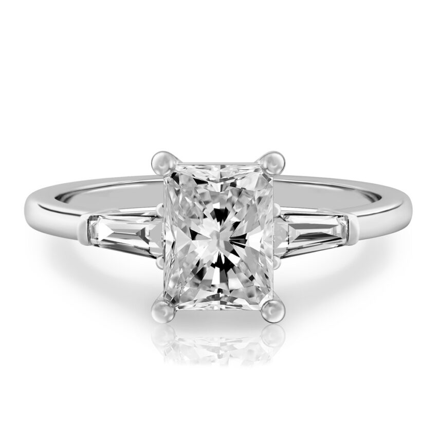 radiant cut diamond tapered baguette engagement ring in platinum