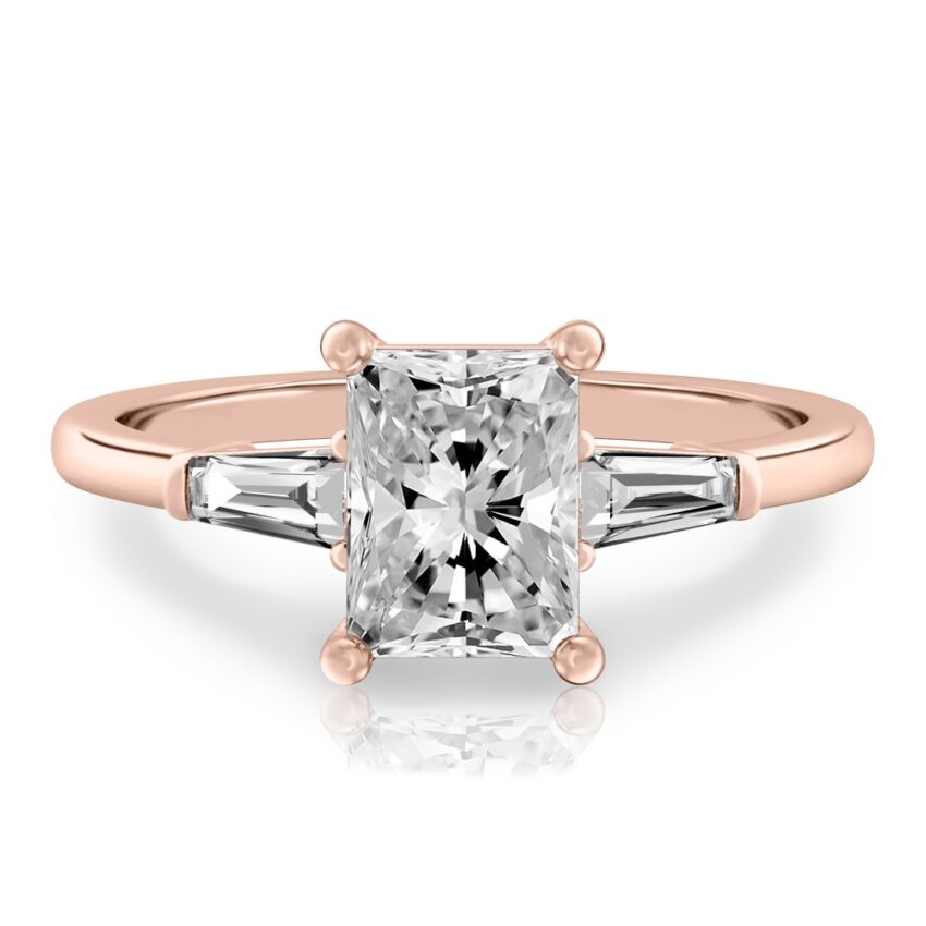 radiant cut diamond tapered baguette engagement ring in rose gold