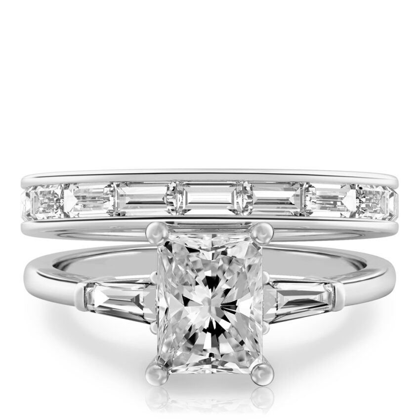 radiant cut diamond tapered baguette engagement ring set palladium