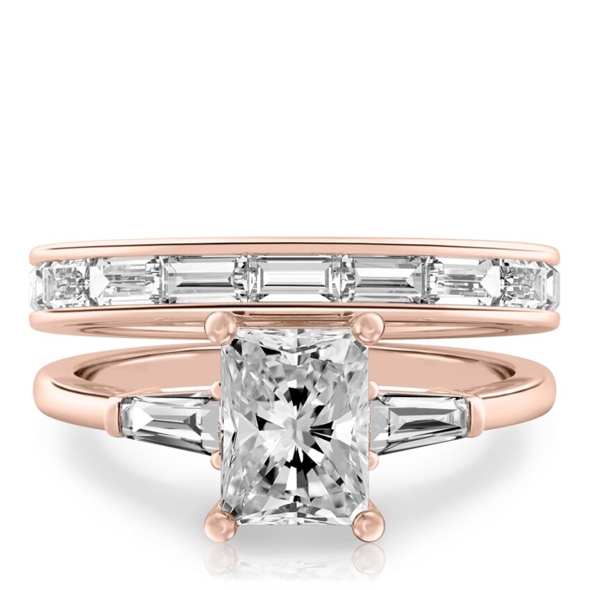 radiant cut diamond tapered baguette engagement ring set rose gold