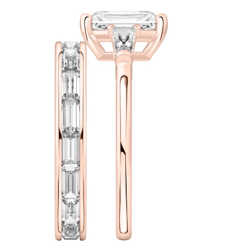 Side view of radiant cut diamond tapered baguette engagement ring set rose gold