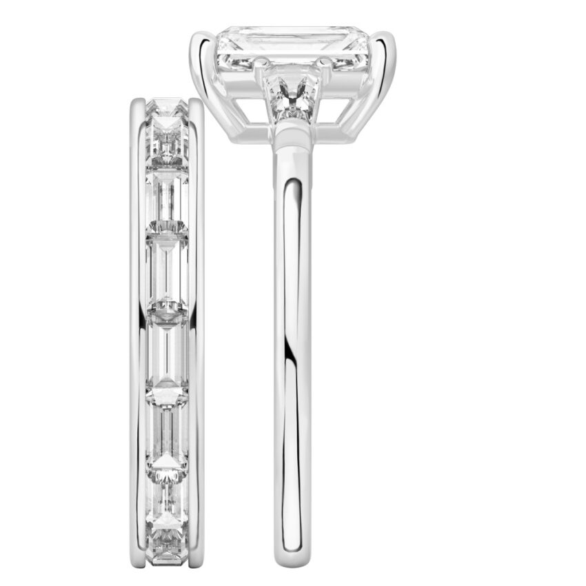 Side view of radiant cut diamond tapered baguette engagement ring set white gold