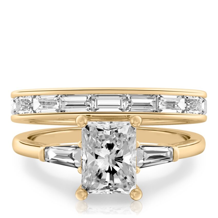 radiant cut diamond tapered baguette engagement ring set yellow gold