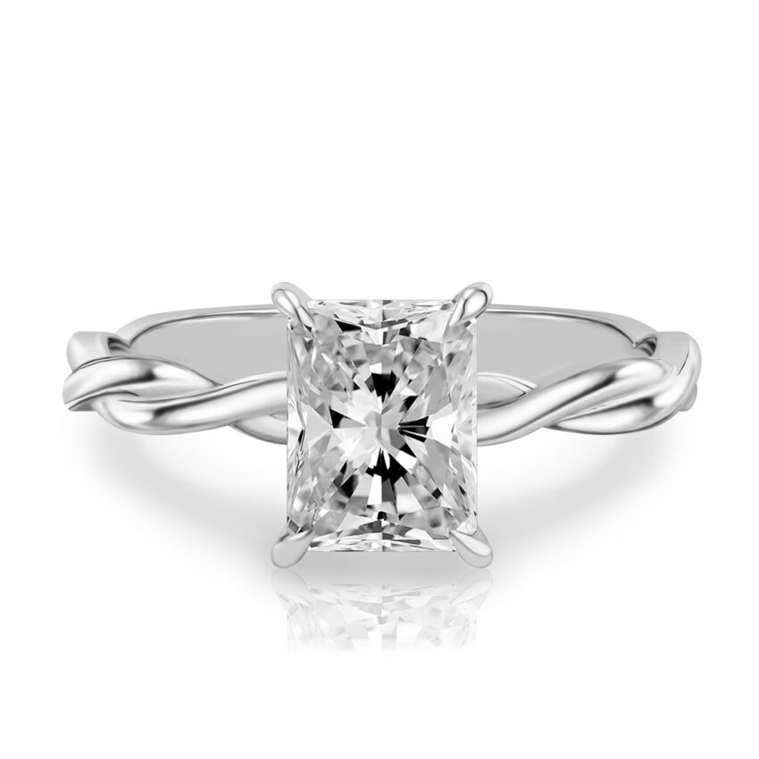 radiant cut diamond twisted hidden halo engagement ring in platinum