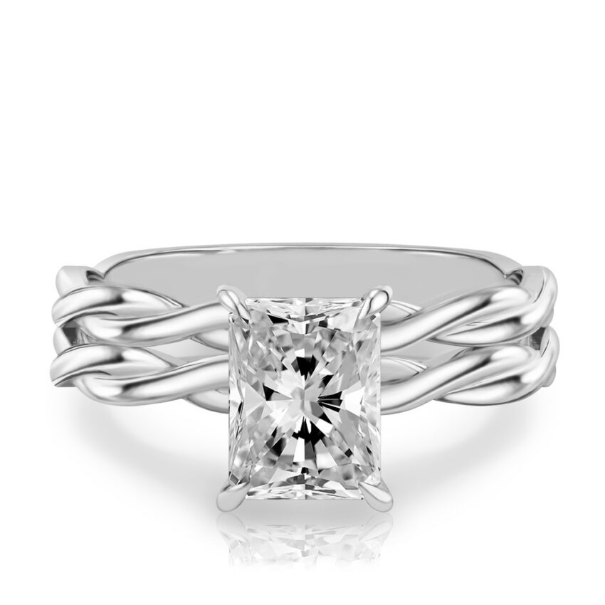 radiant cut diamond twisted hidden halo engagement ring set platinum