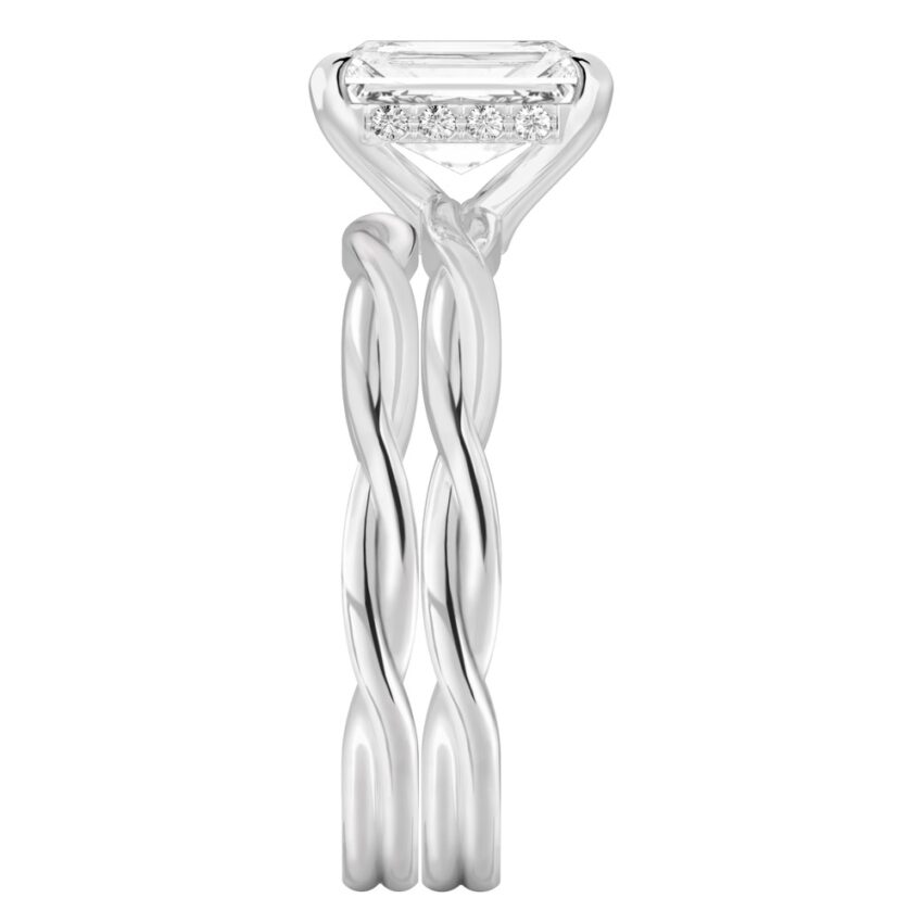 Side view of radiant cut diamond twisted hidden halo engagement ring set platinum