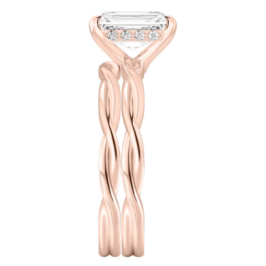 Side view of radiant cut diamond twisted hidden halo engagement ring set rose gold