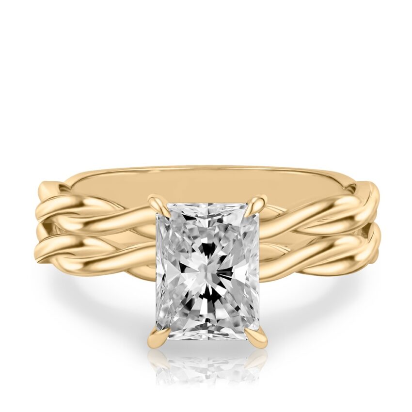 radiant cut diamond twisted hidden halo engagement ring set yellow gold